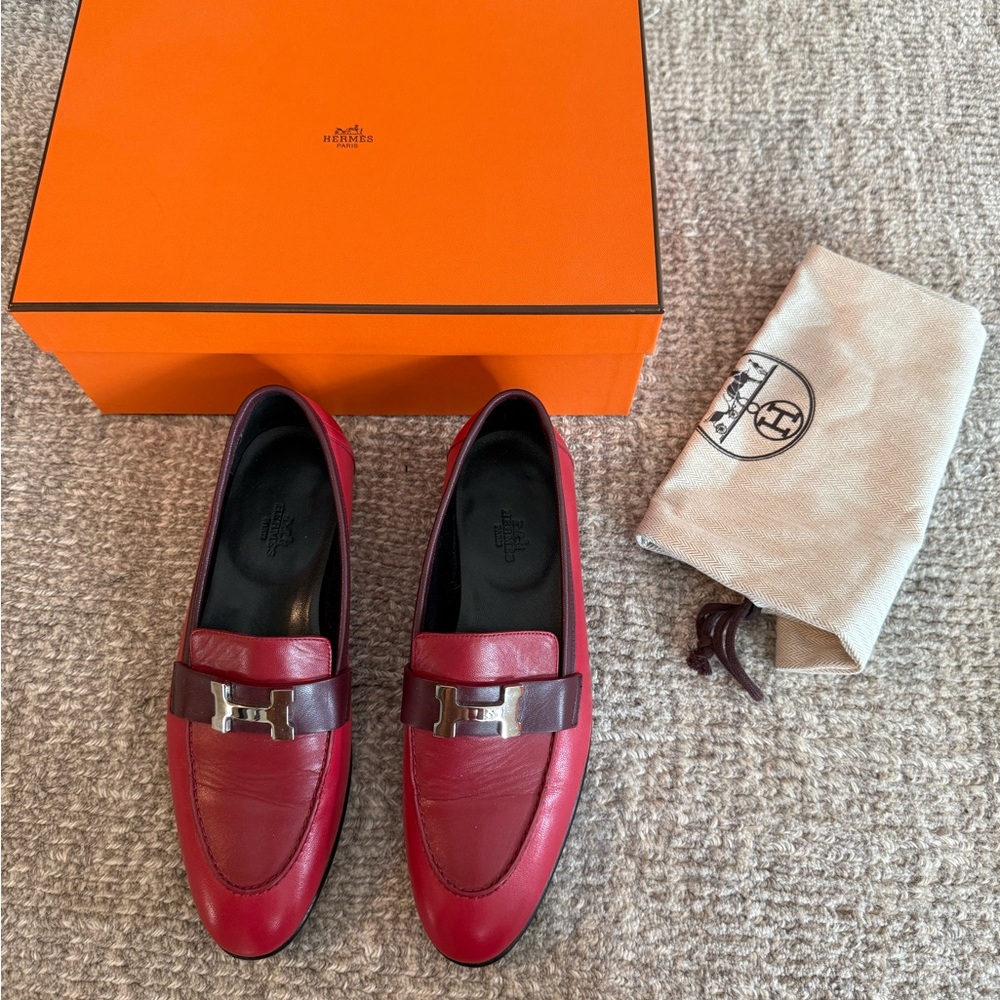 Hermes Scarlet and Charcoal Leather Moccasins